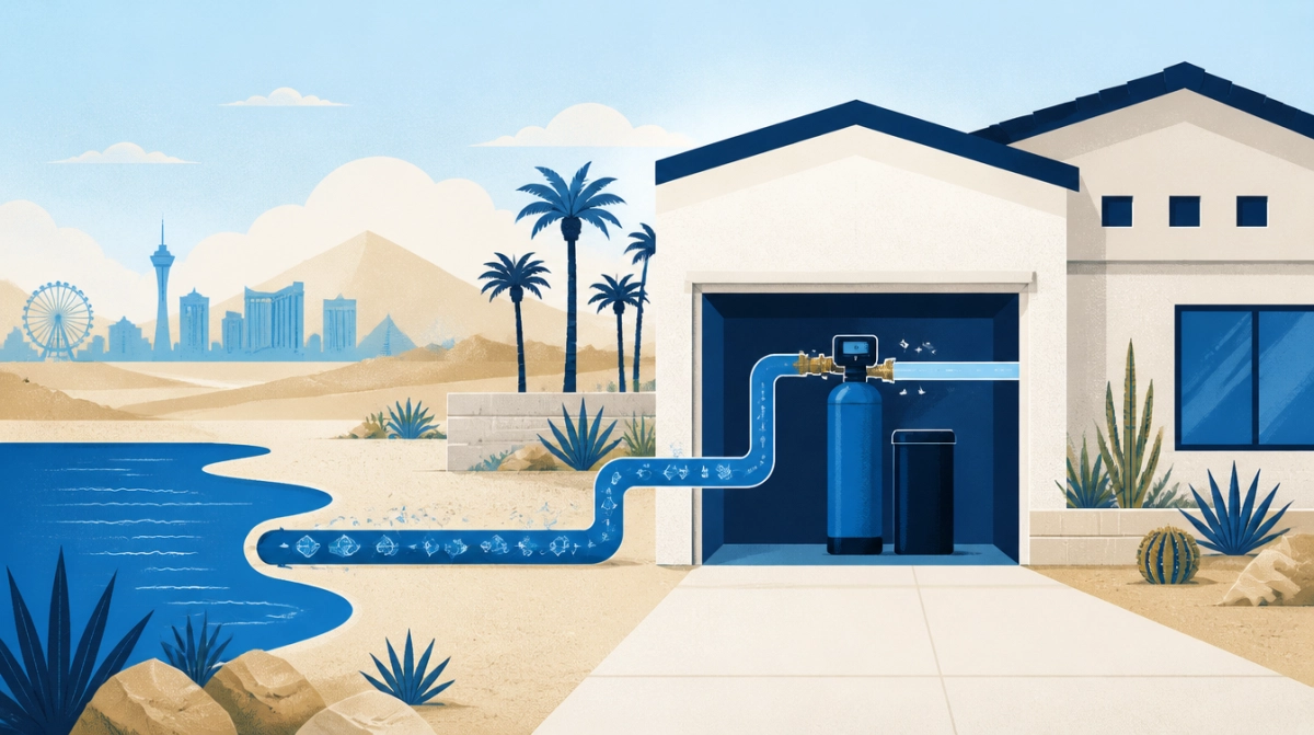 Illustration of Colorado River water flowing from Lake Mead into a Las Vegas garage softener