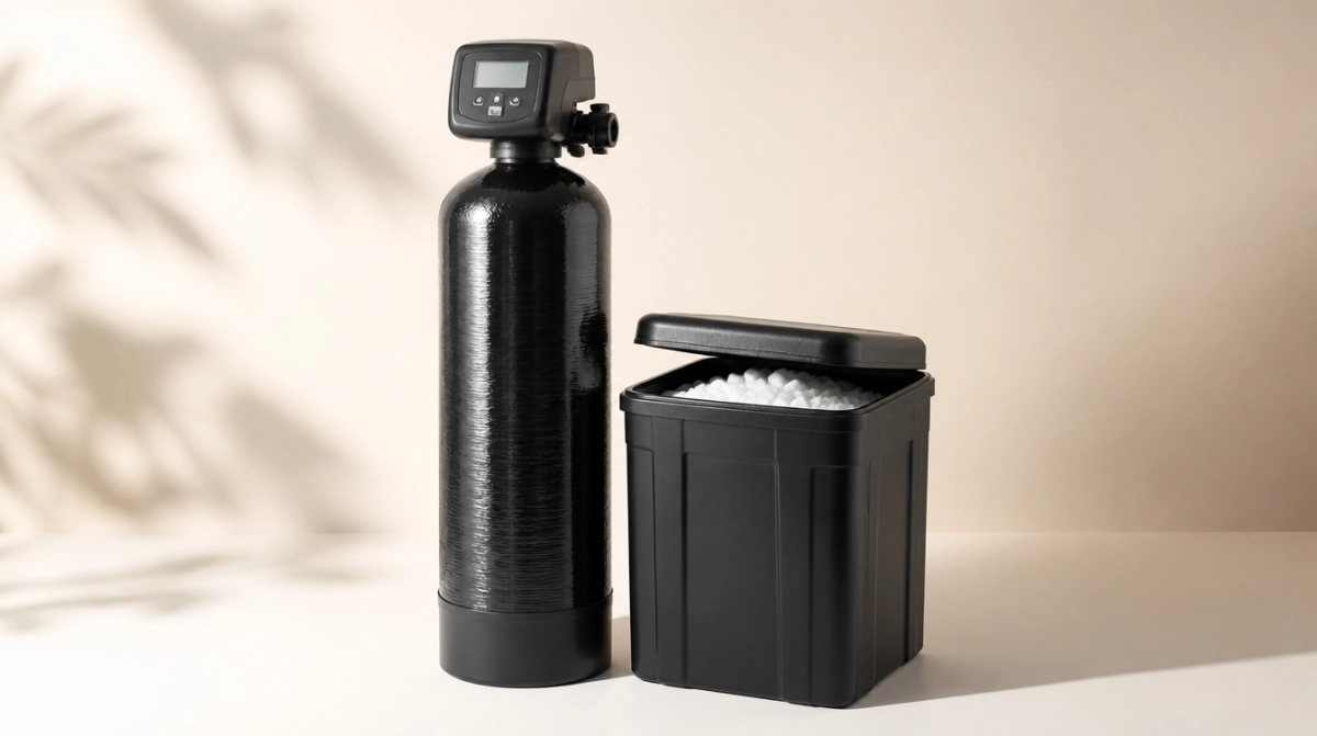 Whole-home water softener resin tank and brine tank with salt pellets