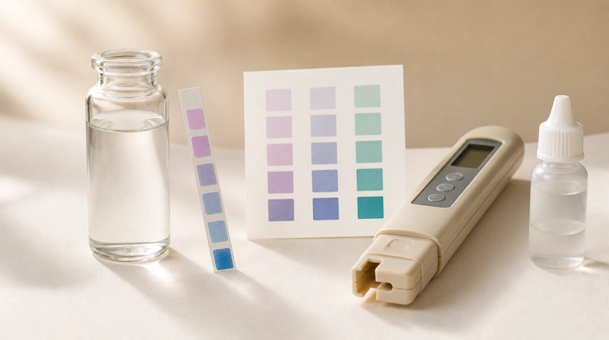 Water hardness test kit with vial, test strip, color chart and TDS meter