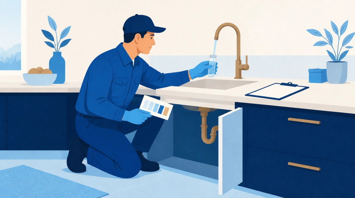 Illustration of a technician taking a water sample at a kitchen sink