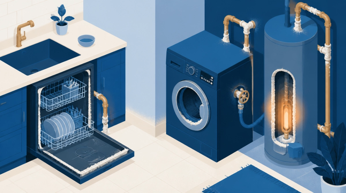 Illustration of scale building up on a dishwasher, washing machine and water heater