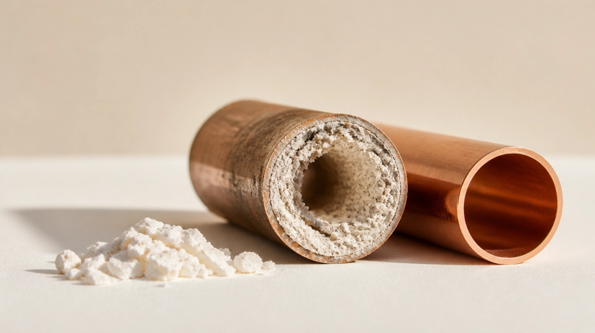 Cross-section of a copper pipe crusted with limescale next to a clean pipe