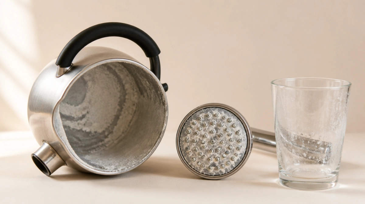 Kettle interior crusted with limescale beside a clogged showerhead and a spotted glass