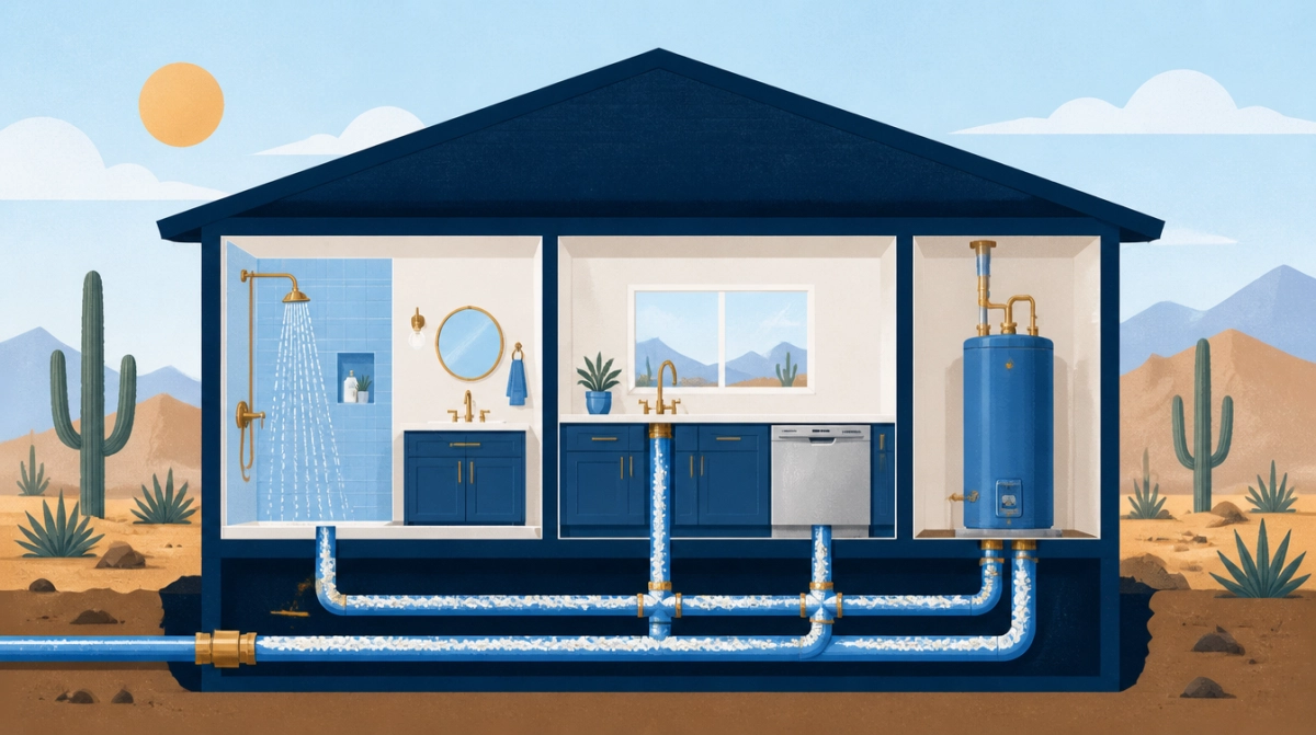 Illustration of a house cutaway with scale creeping through the pipes to every fixture