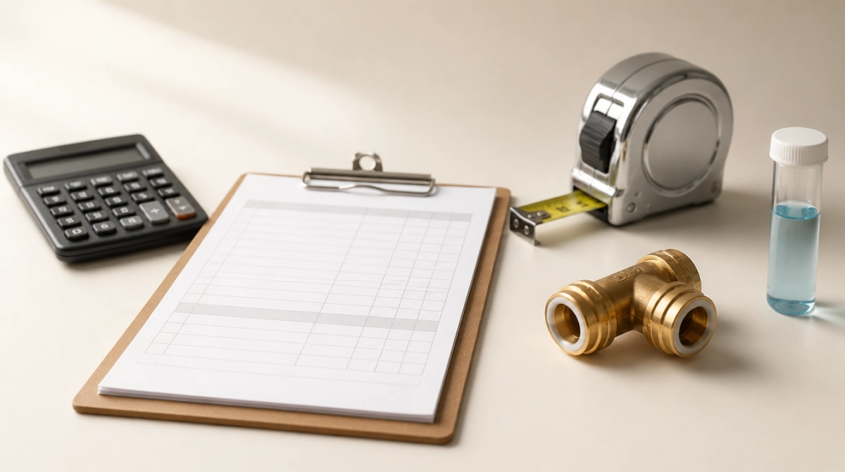 Written estimate on a clipboard with a calculator, tape measure and water test vial
