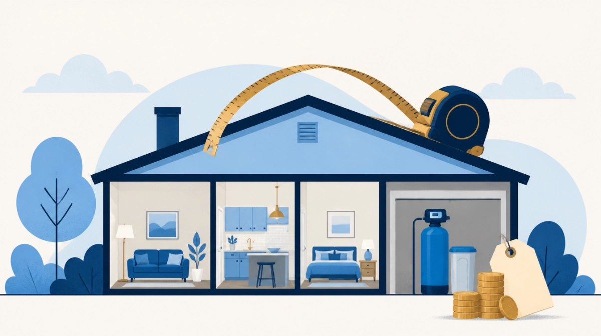 Illustration of a house cutaway with a softener in the garage, coins and a price tag