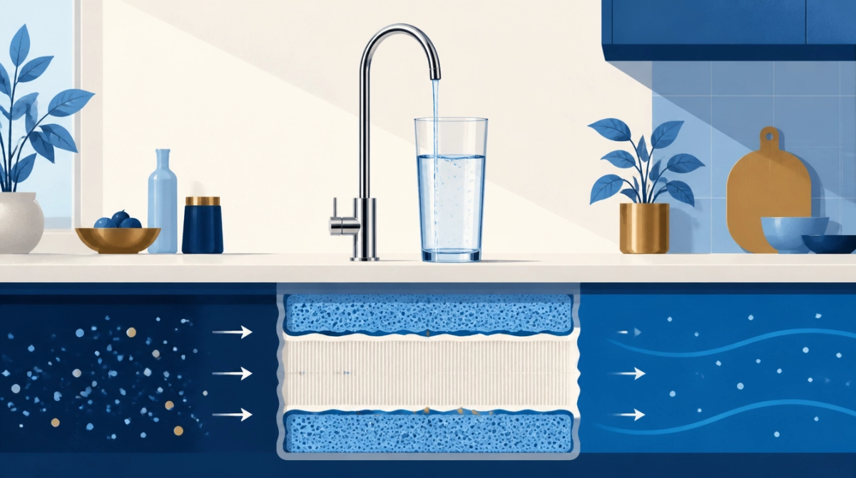 Illustration of a clear glass of water under an RO faucet with the membrane below the counter