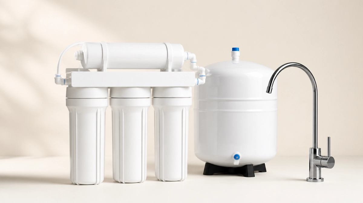 Under-sink reverse osmosis filters, storage tank and chrome faucet