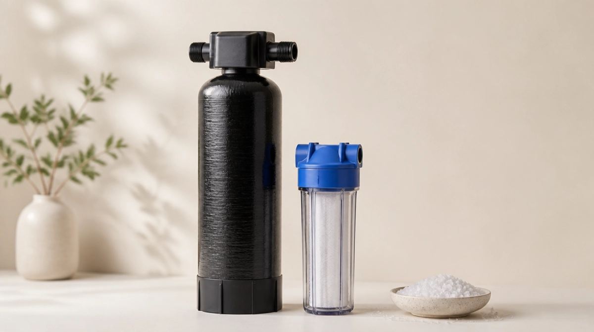 Salt-free conditioner tank with a sediment pre-filter and crystallization media
