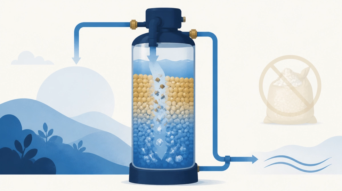 Illustration of minerals turning into harmless crystals inside a salt-free conditioner
