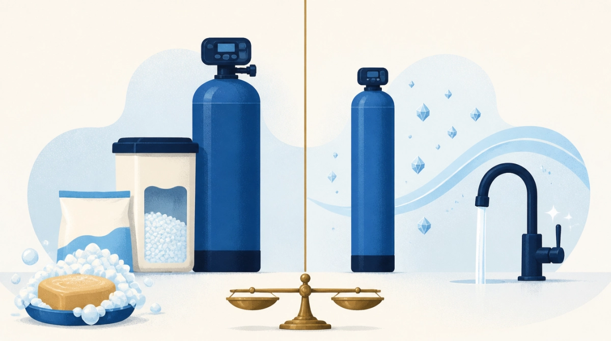 Illustration comparing a salt-based softener with a salt-free conditioner on a balance scale