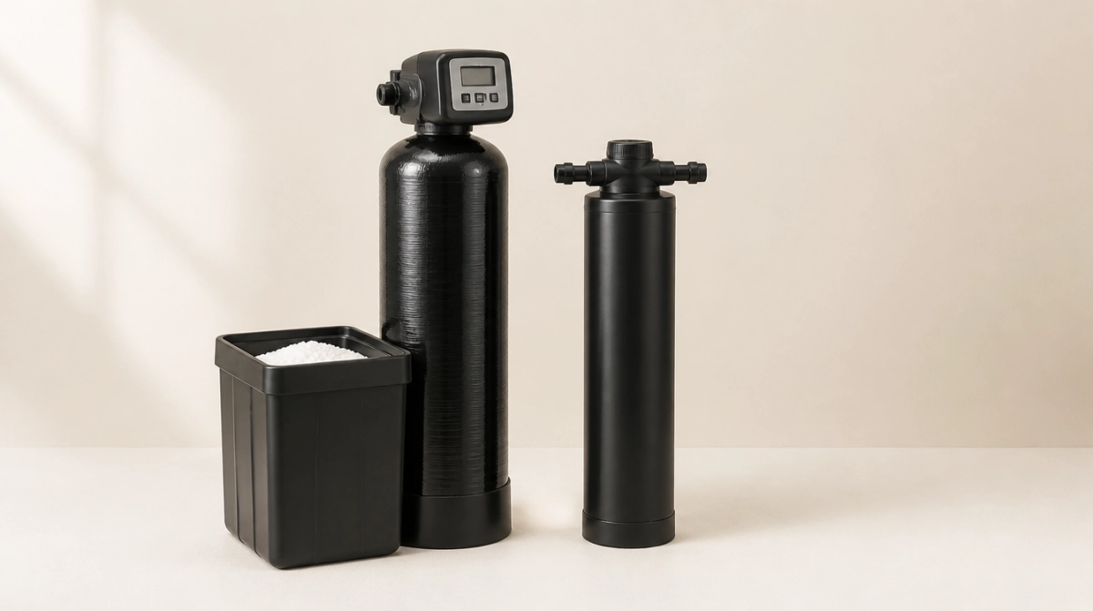 Salt-based water softener with brine tank beside a slim salt-free conditioner