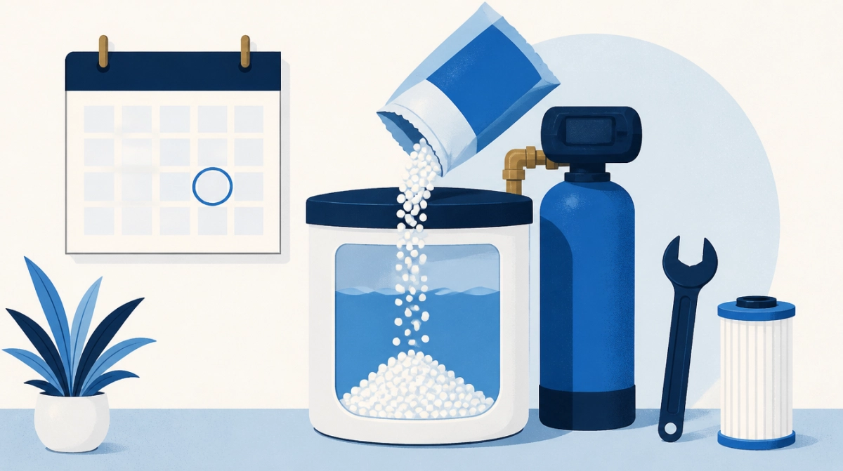 Illustration of a calendar, salt being poured into a brine tank, a wrench and a filter
