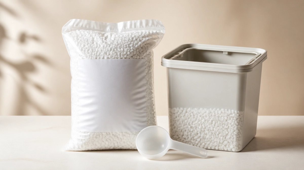 Bag of water softener salt pellets, scoop and an open brine tank