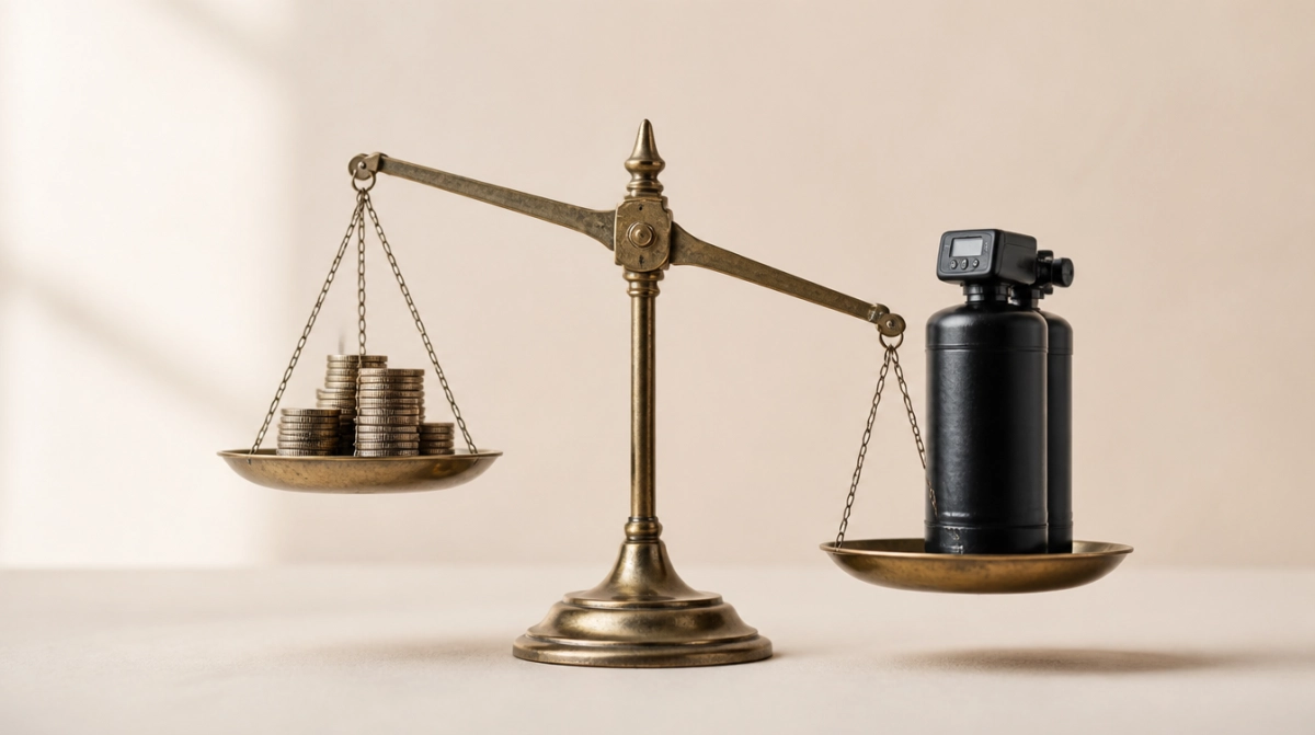 Brass balance scale weighing coins against a water softener