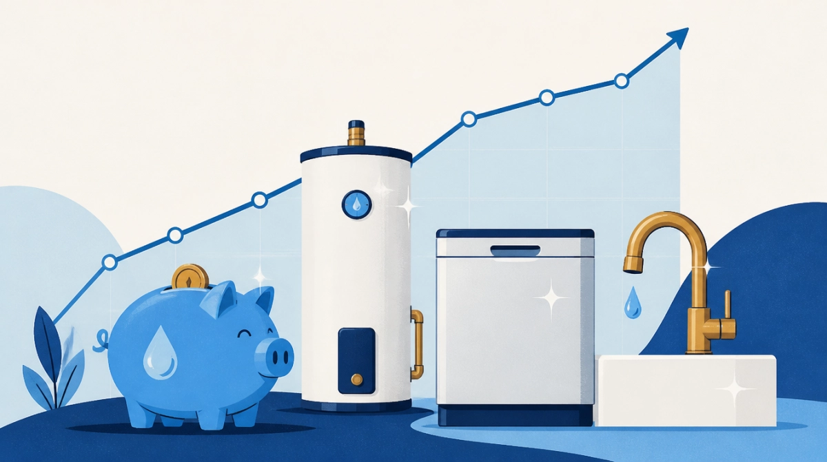 Illustration of a piggy bank beside appliances that last longer with soft water