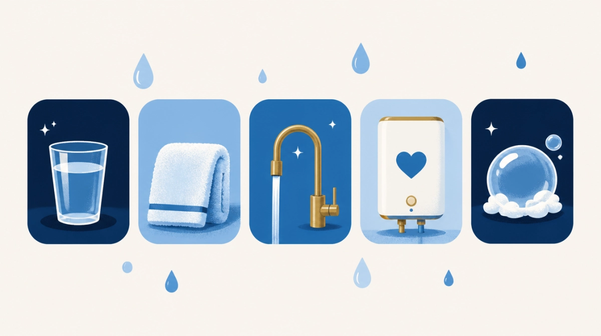 Illustration of five benefit icons: clean glass, soft towel, shining faucet, water heater and soap bubble