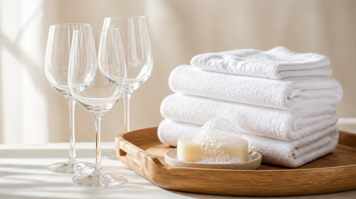 Spot-free wine glasses, fluffy white towels and lathered soap