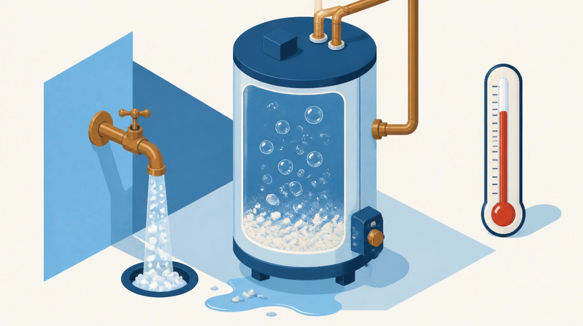 Illustration of a water heater with sediment, popping bubbles, cloudy water and a leak