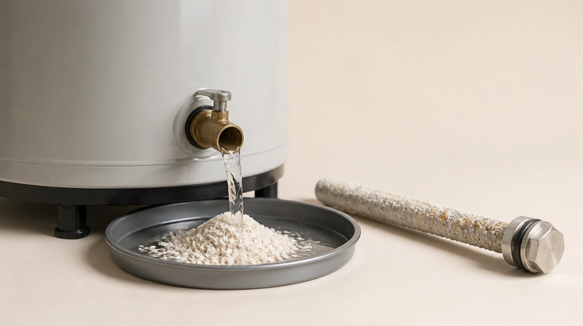 Tank water heater with drained sediment and a scale-crusted anode rod