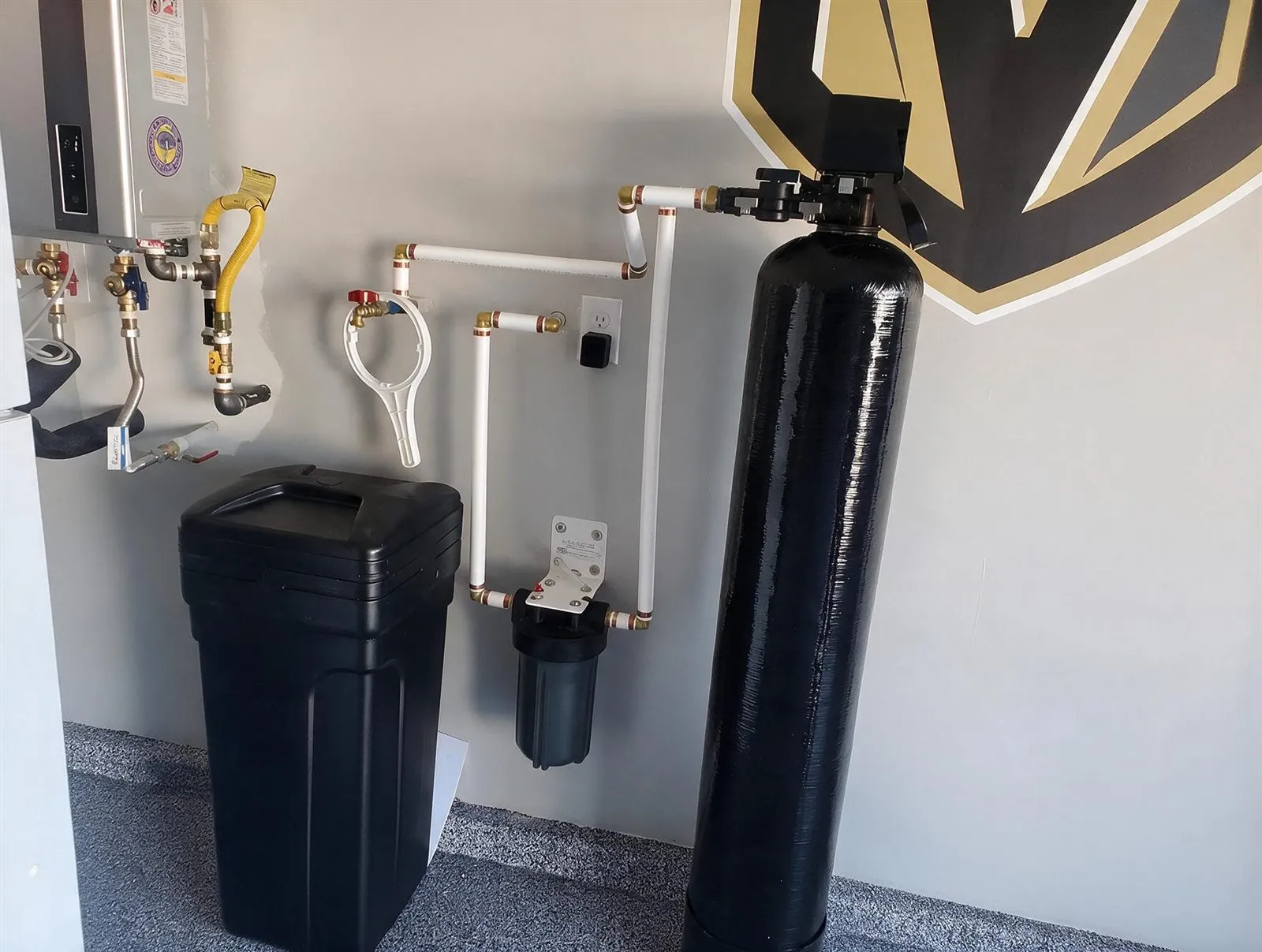 A professionally installed whole-home water softener system built for Las Vegas water