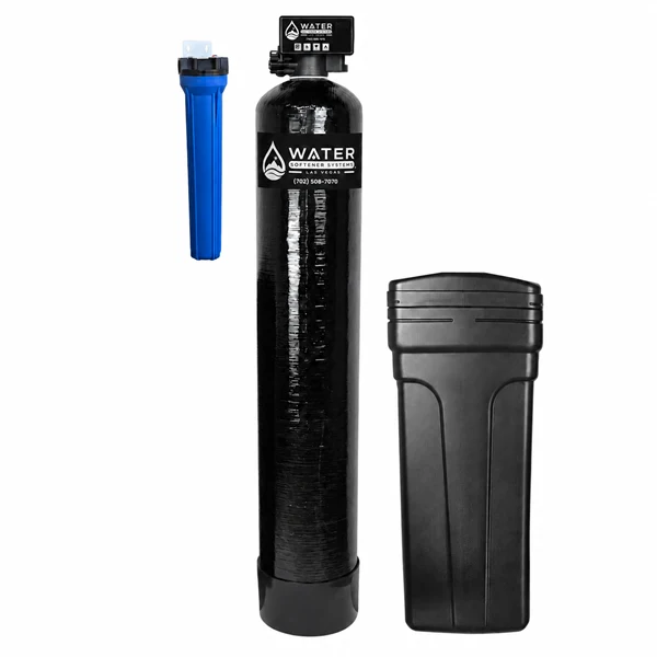 A whole-house water softener with brine tank and sediment pre-filter